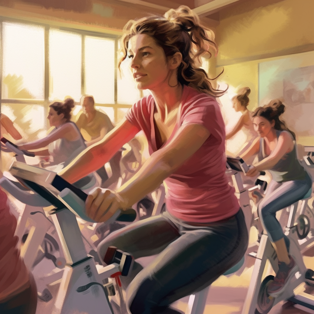 color drawing of a women on indoor bikes