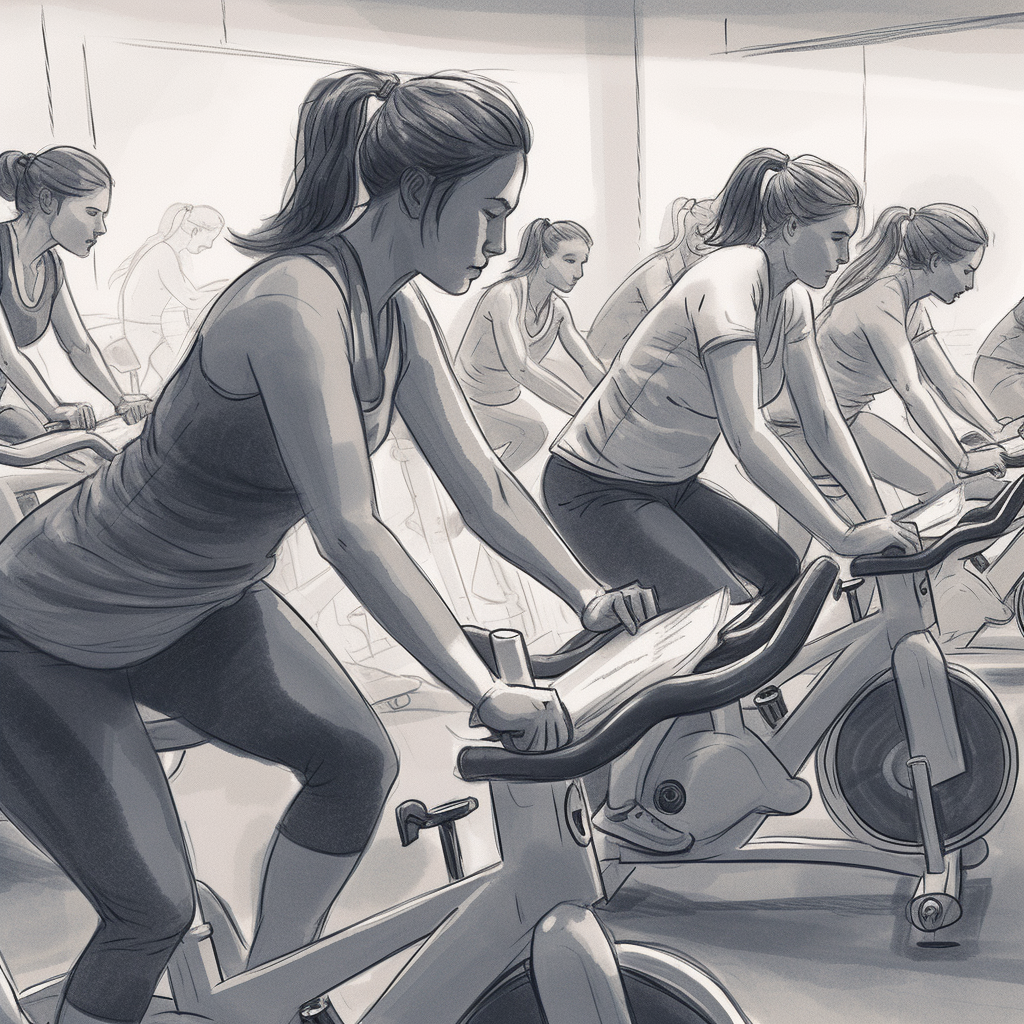 women on indoor bikes BW